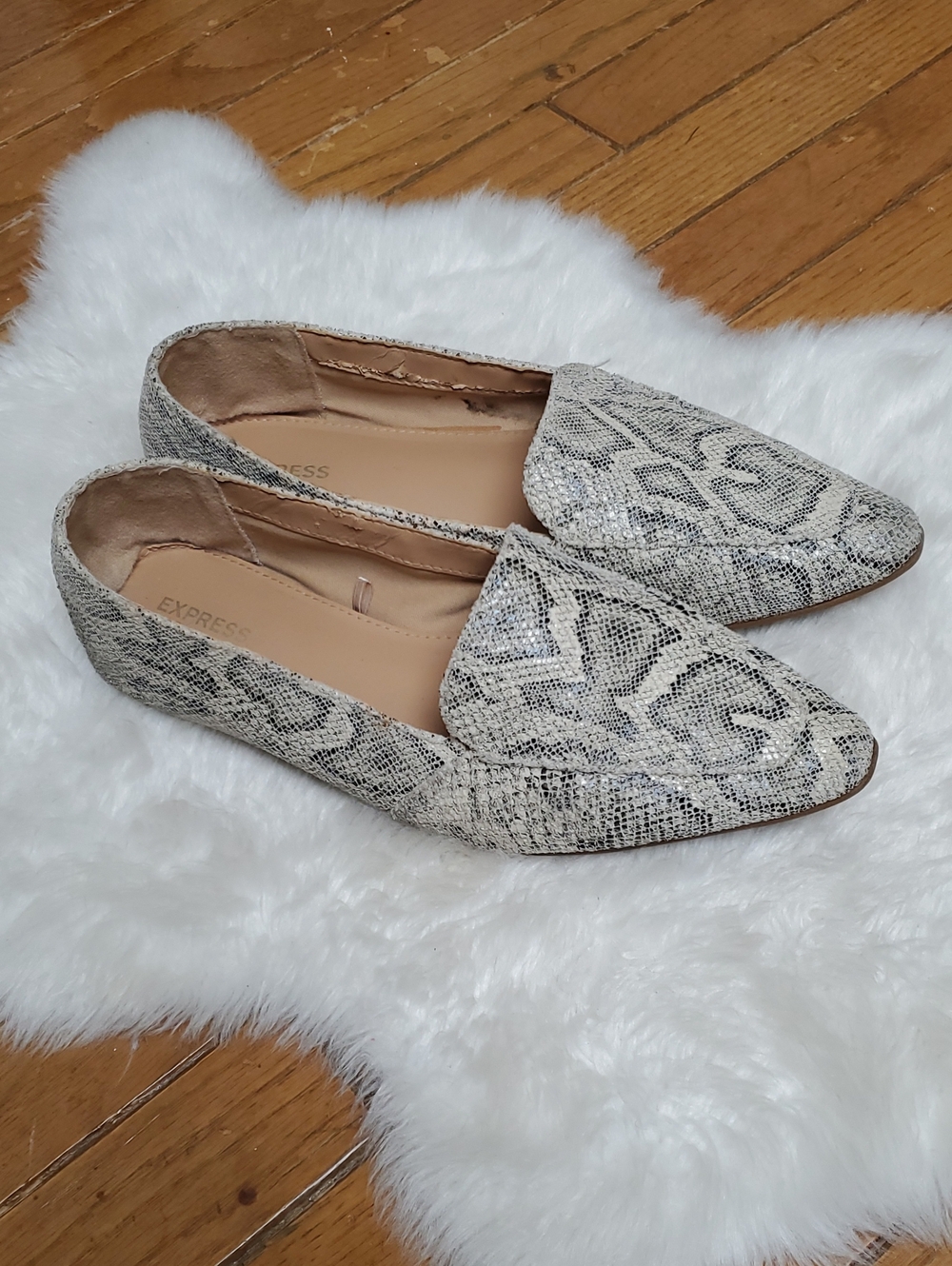 Express Snake-Print Pointed Slip-On Flats in Beige and Black